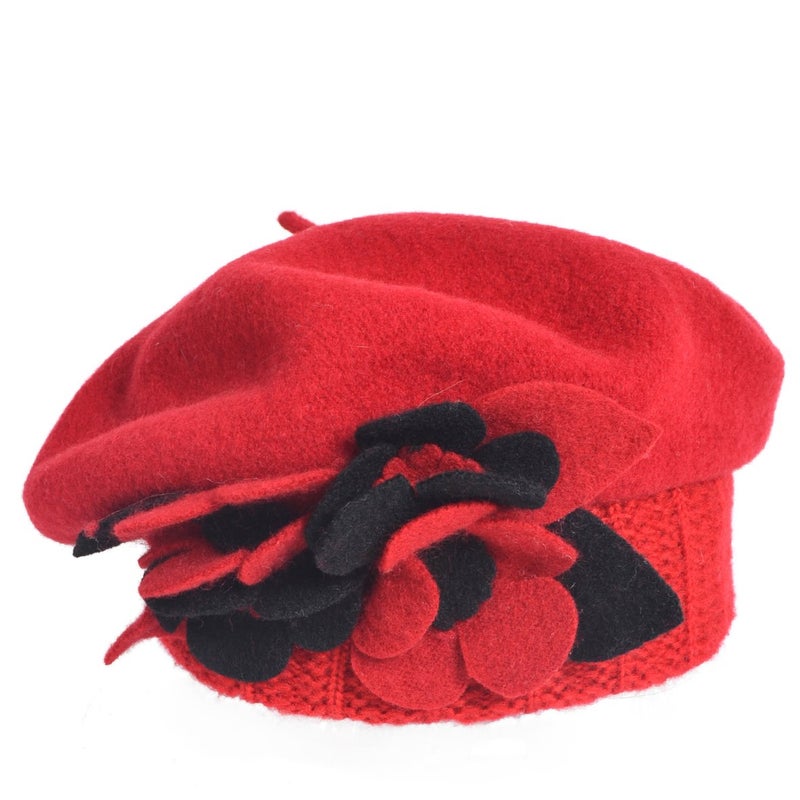 VECRY Lady French Beret 100% Wool Beret Floral Dress Beanie Winter Hat (Floral-Red) - Image 3